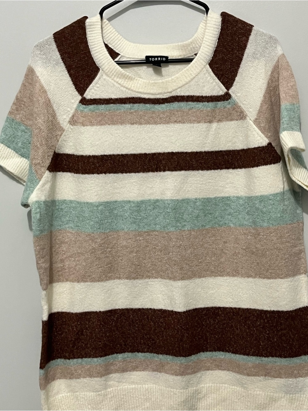 torrid Cream, Brown, Tan & Pale Aqua Striped Short-Sleeve Sweater
